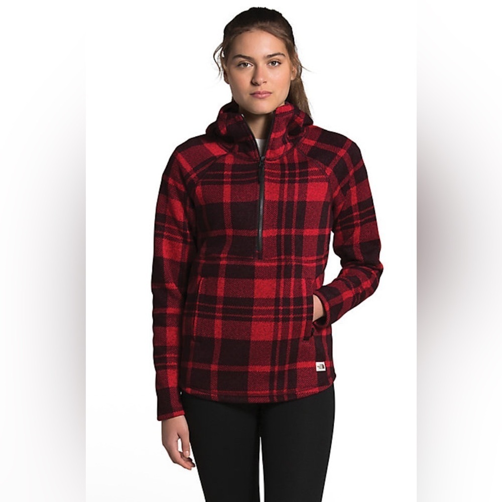 The North Face Sweater Womens S Crescent Red Black Plaid Pullover Hoodie